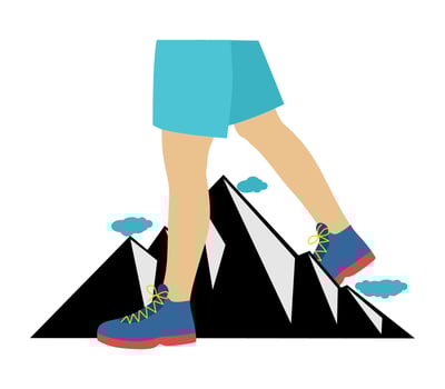 Mountains and legs that step over it. The phrase Mountains are knee-deep. Vector illustration