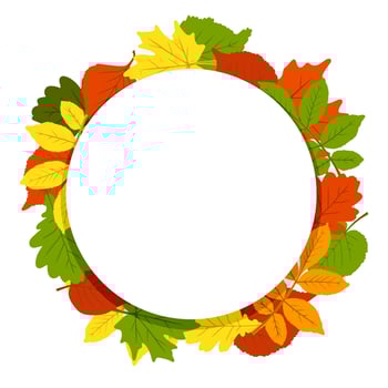 A frame made of autumn leaves. The leaves are oak, birch, aspen, maple. Autumn theme. Space for copying. Applicable for printing, posters, postcards, websites. Vector illustration.