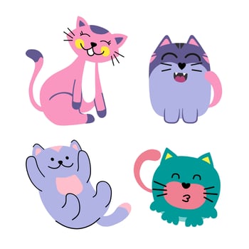 Funny cats set of 4 on a white isolated background. Use for a postcard, background, application on a fabric or souvenir products. vector
