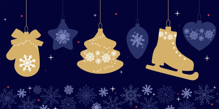 Christmas and New Year. Modern universal art templates. Christmas corporate greeting cards and invitations. Golden lettering on a dark blue background with snowflakes and Christmas tree toys. vector