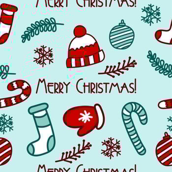 Christmas pattern with a hat, a sock and a candy cane. The concept of Christmas and New Year. vector