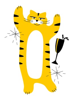 The tiger is a cheerful symbol of the year 2022 with a bottle of champagne and sparklers. The concept of Christmas and New Year. A postcard and a poster. vector