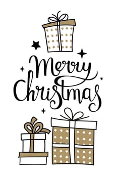 Handmade Christmas cards with lettering, gifts, stars. Fashionable postcards in black and gold color. vector
