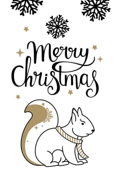 Handmade Christmas cards with lettering, squirrel, stars. Fashionable postcards in black and gold color. vector