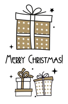 Handmade Christmas cards with lettering, gifts, stars. Fashionable postcards in black and gold color. Vector illustration.