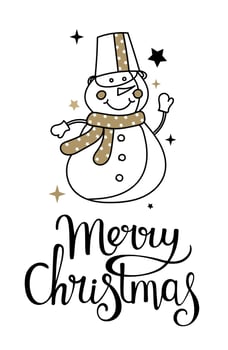 Handmade Christmas cards with a snowman lettering, stars. Fashionable postcards in black and gold color. vector