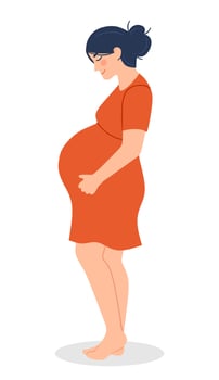 Pregnancy. A modern poster with a cute pregnant woman in an orange dress. vector