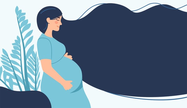 Pregnancy. A modern poster with a cute pregnant woman with long hair and a place for text. vector