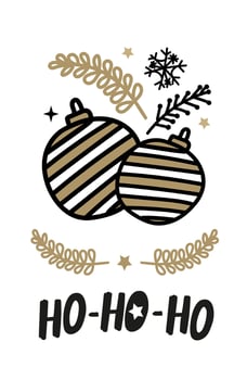 Handmade Christmas cards with Christmas toys lettering, fir branches, stars. Fashionable postcards in black and gold color. vector