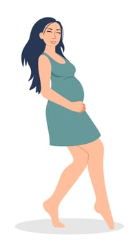 Pregnancy. A modern poster with a cute pregnant woman in a green dress. vector