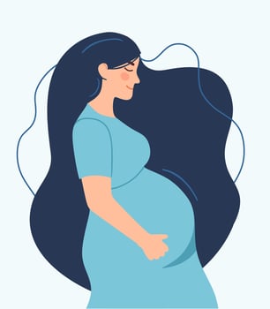 Pregnancy. A modern poster with a cute pregnant woman with long hair and a place for text. vector