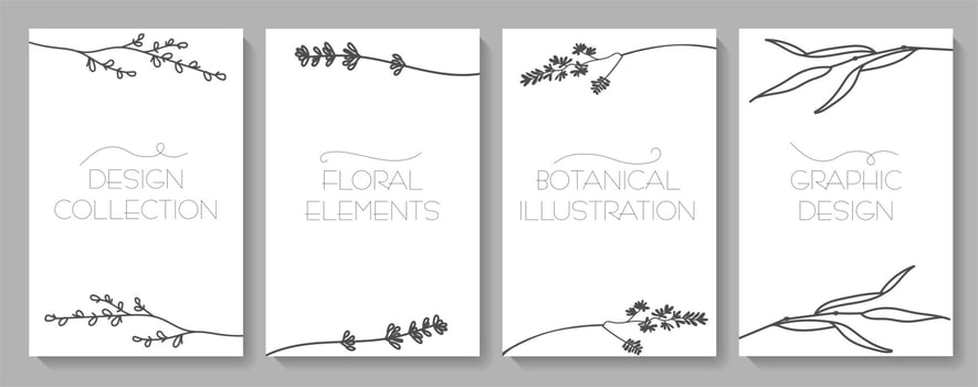 Minimalist design of the wedding invitation card template, floral floral print in the style of a black line. Postcards, templates, festive decoration. Vector illustration.