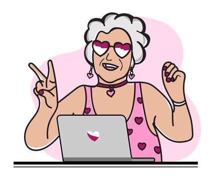 Happy granny with laptop. A fashionable modern old woman in glasses and a pink swimsuit. vector