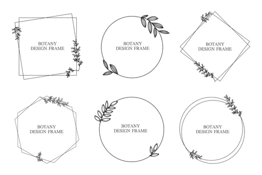Set geometric flower wreath with leaves and branches. Botany round frame isolated on white background. For wedding invitations, postcards, posters, labels of cosmetics and perfumes. vector