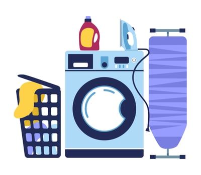 Laundry room. Washing in the washing machine. Ironing of linen. Vector illustration.