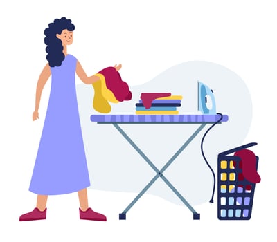 Happy woman laundry room. Washing in the washing machine. Vector illustration.