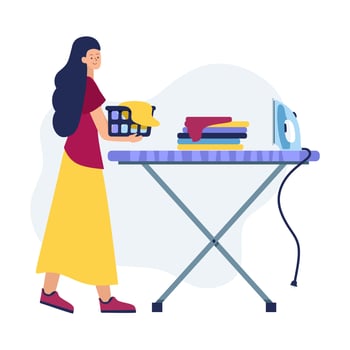 Happy woman laundry room. Washing in the washing machine. Vector illustration.