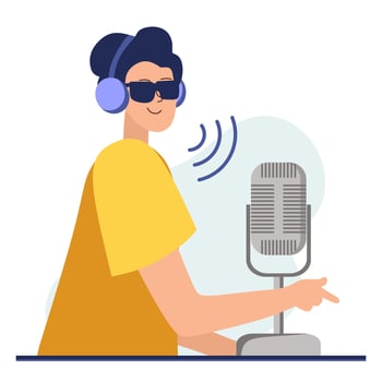 Podcast concept. An illustration about the podcast. A girl talking into a microphone and sitting at a table. Flat vector in a fashionable style.