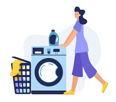 Happy woman laundry room. Washing in the washing machine. Vector illustration.