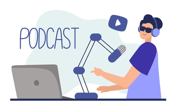 Podcast concept. An illustration about the podcast. A girl talking into a microphone and sitting at a table. Flat vector in a fashionable style.