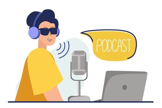 Podcast concept. An illustration about the podcast. A girl talking into a microphone and sitting at a table. Flat vector in a fashionable style.