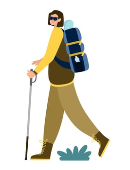 Tourists people group of men hiking. Men on a hike with backpacks. Travelers hiking adventures. Vector illustration