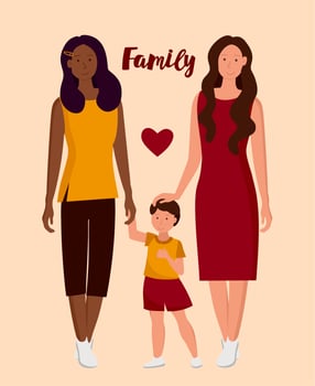 A family of lesbian women with a son. LGBT family. vector