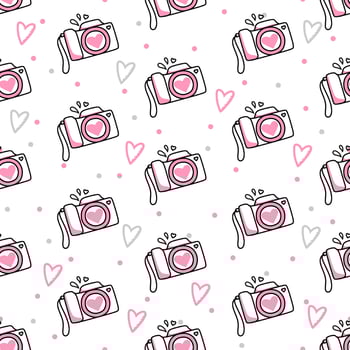 Seamless pattern of cameras and hearts on a white background. Use on Valentines Day on textiles, wrapping paper, backgrounds, souvenirs. Vector illustration