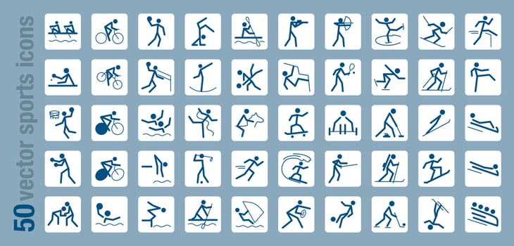 A set of 50 icons dedicated to sports and games, vector illustration in a flat style