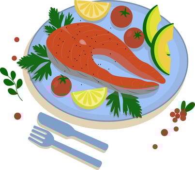 Grilled salmon fillet fish on a plate. Cooked trout steak with lemon and tomatoes. Cartoon vector illustration of seafood.