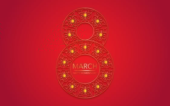 Eight of gold flowers, 8 march luxury postcard. Shiny floral golden lettering pattern. Digit eight made of gold foil on red background. Glowing International womens day banner or poster or card vector