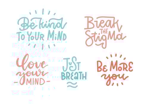 Mental health lettering set. Inspirational, motivational short quotes about mental wellness, self care. Design elements for stickers, print to break the stigma, help people with disorders. Vector