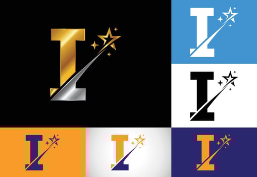Initial I monogram letter alphabet with swoosh and star logo icon. Abstract star logo sign symbol design. Modern vector logo for business and company identity.