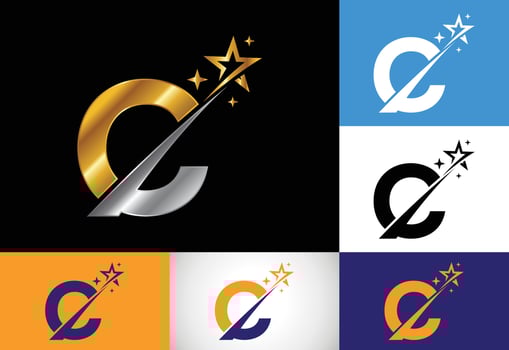 Initial C monogram letter alphabet with swoosh and star logo icon. Abstract star logo sign symbol design. Modern vector logo for business and company identity.