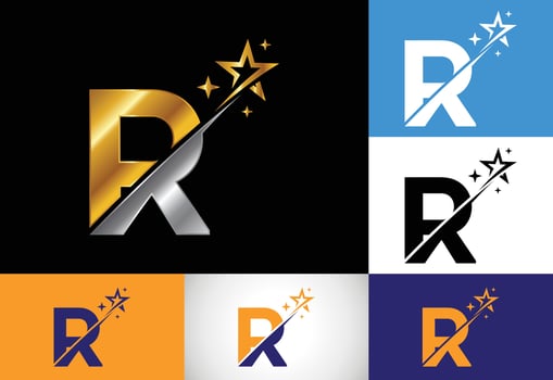 Initial R monogram letter alphabet with swoosh and star logo icon. Abstract star logo sign symbol design. Modern vector logo for business and company identity.