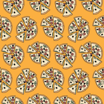 Pizza seamless vector pattern isolated on Yellow background. Fast food seamless vector.