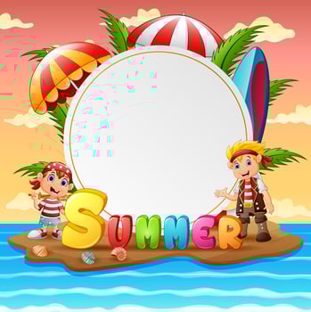 Summer tropical beach with happy pirate kids vector