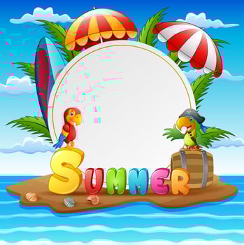 Beach island with pirate parrot in blue sky background vector