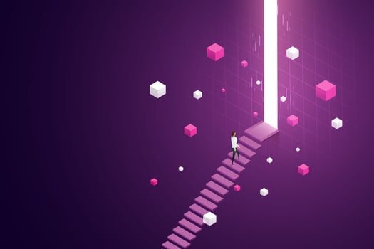 Business woman walking up stairs stepping on big Light Door. vector