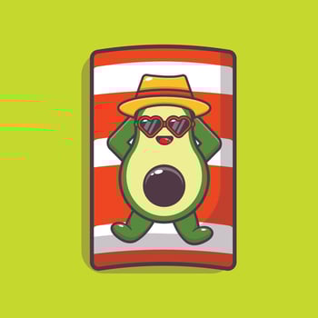 Cute avocado cartoon mascot character in sunglasses sleeping on beach vector