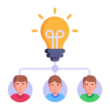 Persons connected with light bulb, concept of creative team flat icon vector
