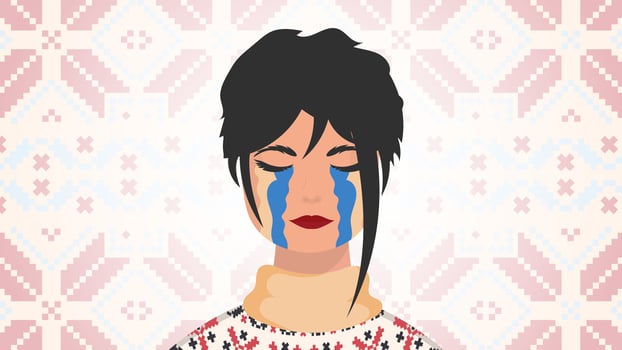 The girl sheds tears in the color of the flag of Ukraine. Save Ukraine. Vector illustration.