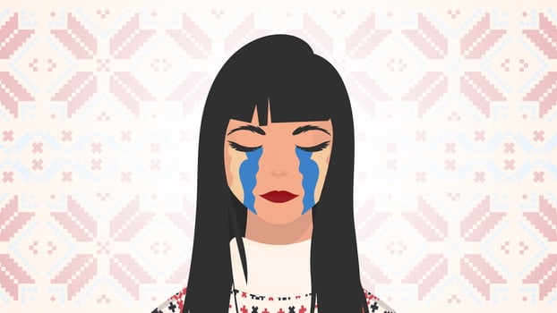 The girl sheds tears with the color of the Ukrainian flag. Save Ukraine. Vector illustration.
