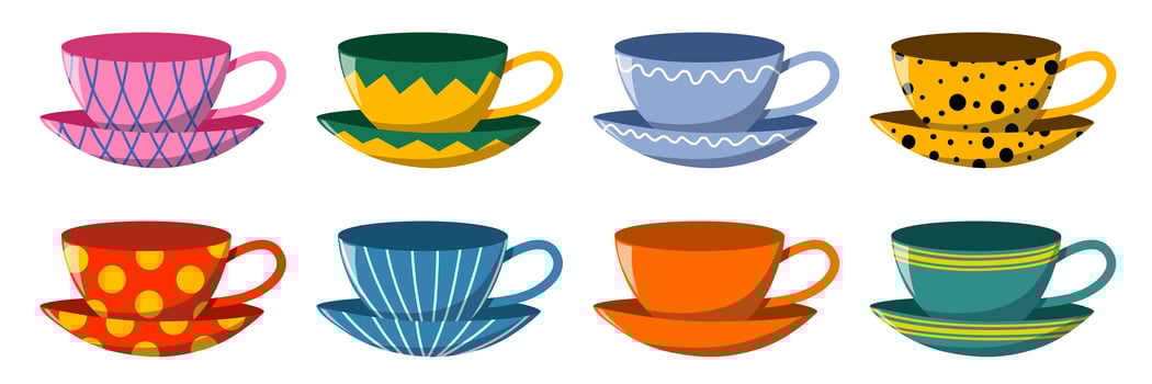 A bright set of ceramic tableware with a pattern. Collection for tea drinking. vector