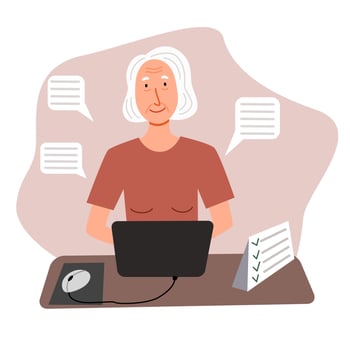 An elderly woman works at home at a computer. Cute granny is sitting at her desk and working. vector