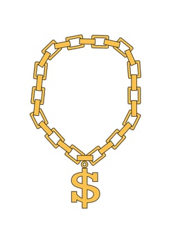 Gold chain with dollar-shaped medallion. Vector illustration of golden necklace