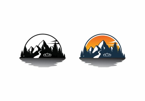 River side pine tree with sun, icon symbol for camping or adventure. vector