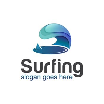 surfboard with wave ocean or beach icon symbol for holiday sports surfing gradient logo template vector
