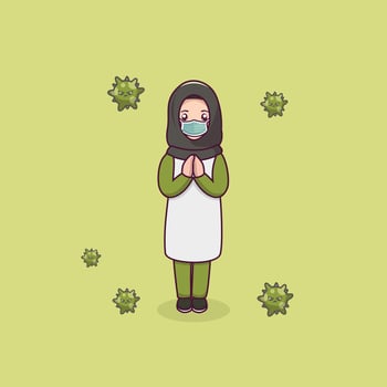 Cute girl muslim wear medical mask cartoon vector
