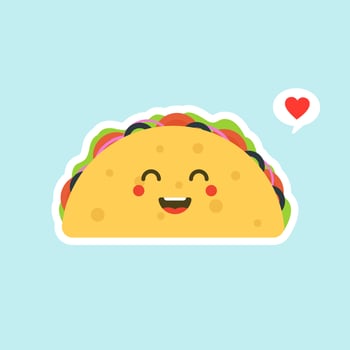 Vector illustration with mexican tacos kawaii food. The tortilla is going to tacos. Cute cartoon illustration isolated on color background.